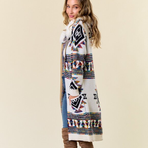ON BLUE Rainbow Aztec Print Zip-Up Cardigan: Faux Fur Lined Hooded Cardigan Coat - Picture 6 of 15